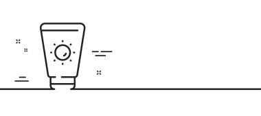 Güneş kremi simgesi. Güneş kremi işareti. Güneş kremi sembolü. Asgari çizgi çizimi arka planı. Güneş kremi ikon desenli pankart. Beyaz ağ şablonu konsepti. Vektör