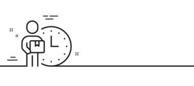 Teslimatçı çizgisi ikonu. Paket işaretli bir kurye. Bir şeyler sembol getiriyor. Asgari çizgi çizimi arka planı. Teslimatçı çizgi ikon desenli afiş. Beyaz ağ şablonu konsepti. Vektör