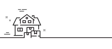 Ev taşıma simgesi. Paket teslim tabelası. Ev depolama sembolü. Asgari çizgi çizimi arka planı. Ev taşıma çizgisi simge pankartı. Beyaz ağ şablonu konsepti. Vektör