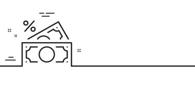 Para vergisi ikonu. Nakit vergi oranı tabelası. Finansal çıkar sembolü. Asgari çizgi çizimi arka planı. Para vergisi ikon desenli afiş. Beyaz ağ şablonu konsepti. Vektör