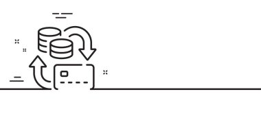 Para çizgisi simgesi. Kredi kartı tabelası. Banka ödemeleri sembolü. Asgari çizgi çizimi arka planı. Para çizgisi simge desenli pankart. Beyaz ağ şablonu konsepti. Vektör
