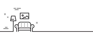 Mobilya ikonu. Ev içi tabela. Oturma odası sembolü. Asgari çizgi çizimi arka planı. Mobilya ikonu desenli pankart. Beyaz ağ şablonu konsepti. Vektör