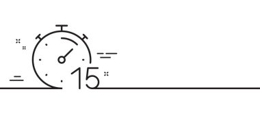 Zamanlayıcı 15 dakikalık hat simgesi. Kronometre zaman işareti. Geri sayım saati sembolü. Asgari çizgi çizimi arka planı. Zamanlayıcı çizgisi simge pankartı. Beyaz ağ şablonu konsepti. Vektör