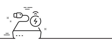 Güç bankası hattı simgesi. Mobil aksesuar imzası. Pil sembolünü şarj et. Asgari çizgi çizimi arka planı. Güç bankası ikon desenli pankart. Beyaz ağ şablonu konsepti. Vektör