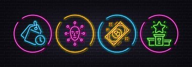 Zaman yönetimi, Face biyometriği ve Bitcoin minimal çizgi simgeleri. Neon lazer 3D ışıklar. Kazanan podyum ikonları. İnternet, uygulama, baskı için. Saat etiketleri, yüz tanıma sistemi, kripto para. Vektör