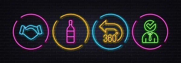 Butelka Wina 360 Stopni Uścisk Dłoni Minimalne Ikony Linii Neonowe — Wektor stockowy