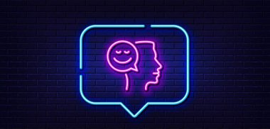 Neon ışığı konuşma balonu. Pozitif düşünme çizgisi simgesi. İnsan iletişim sembolü. Gülümse ve sohbet işareti yap. Neon ışıklı arka plan. Keyfim yerinde. Tuğla duvar afişi. Vektör