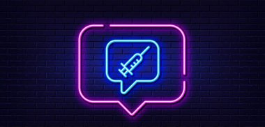 Neon ışığı konuşma balonu. Aşı mesajı çizgisi simgesi. Aşı şırıngası işareti. Yumruk sembolü. Neon ışıklı arka plan. Aşı mesajı parlama hattı. Tuğla duvar afişi. Vektör