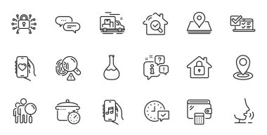 Web uygulaması için denetim, cüzdan ve kilit satırı simgelerinin ana hatları. Konuşma, bilgi, teslimat kamyonu taslak ikonu. Müzik uygulaması, kimya laboratuvarı, kaynama tavası simgeleri dahil. Vektör