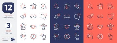 Video konferans seti, kelle avcılığı ve İleti satırı simgeleri. Kalp, Öksürük, göz simgelerini kontrol et. Evde çalışmak, zor stres, yıldız ağ elementlerini sıralamak. Dokunmatik ekran hareketi. Vektör