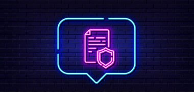 Neon ışığı konuşma balonu. Veri güvenlik çizgisi simgesi. Gizlilik belgesi imzası. Savunma kalkanı sembolü. Neon ışıklı arka plan. Veri güvenlik parlama hattı. Tuğla duvar afişi. Vektör
