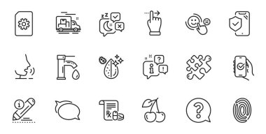 Web uygulaması için bulmaca, telefon sigortası ve kirli su hattı simgeleri. Konuşma, bilgi, teslimat kamyonu taslak ikonu. Uyku, tıbbi reçete, konuşma balonu ikonları dahil. Vektör