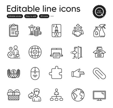 İş taslak simgeleri seti. Ödül, Gözlem ve Yönetim unsurları olarak simgeler içerir. Anlaştık, Turna Pençesi Makinesi, Sıvı Ağ İşaretleri Temizleme. Belge kutusu, Reddet kontrol listesi. Vektör