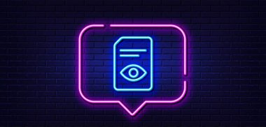Neon ışığı konuşma balonu. Belge satır simgesini göster. Bilgi Dosyası Aç işareti. Göz konsepti sembollü kağıt sayfa. Neon ışıklı arka plan. Belge parlaklık satırını göster. Tuğla duvar afişi. Vektör