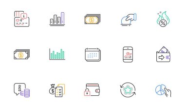 Web sitesi, baskı için bankacılık, cüzdan ve takvim satırı simgeleri. Grafik çizelgesi koleksiyonu, ödeme, pasta çizelgesi simgeleri. Bilgi, Kart, Çubuk diyagramı. Servet muhasebesi. Vektör
