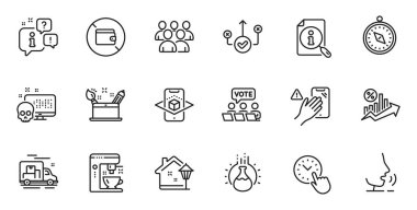 Grup 'un ana hatları, web uygulaması için yüzde birlik çizgi simgelerine dokunmayın ve ödünç vermeyin. Konuşma, bilgi, teslimat kamyonu taslak ikonu. Seyahat pusulası, kahve makinesi, online oy kullanma ikonları dahil. Vektör