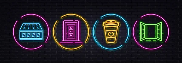 Drzwi Materac Kawa Wynos Minimalne Ikony Linii Neonowe Światła Laserowe — Wektor stockowy