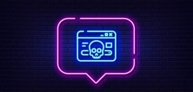 Neon ışığı konuşma balonu. Siber saldırı hattı ikonu. Web koruma işareti. İnternet sitesi sahtekarlık sembolü. Neon ışıklı arka plan. Siber saldırı hattı. Tuğla duvar afişi. Vektör