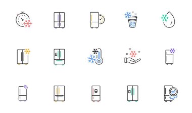 Buzdolabı çizgisi simgeleri ayarlandı. Buzdolabı, buzdolabı deposu, akıllı buzdolabı makinesi. Soğutma kutusu, buzlu su, termometre simgeleri. Wi-fi uzaktan erişim, termostat zamanlayıcısı, akıllı dondurucu. Vektör