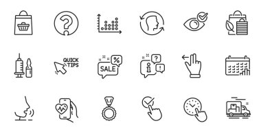 Web uygulaması için Bio-alışveriş, Checkbox ve Quick ipucu satırı simgelerinin ana hatları. Konuşma, bilgi, teslimat kamyonu taslak ikonu. İndirim baloncuğu, yüz kimliği, kardiyo eğitim simgeleri dahil. Vektör