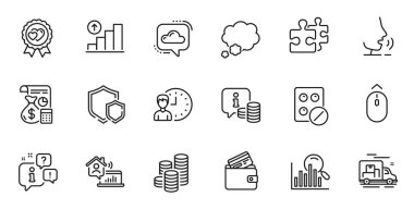 Web uygulaması için Sikkeler, Muhasebe ve Banka kartı satırı simgeleri ana hatları. Konuşma, bilgi, teslimat kamyonu taslak ikonu. Çalışma saatleri, bulut iletişimi, ev simgeleri dahil. Vektör