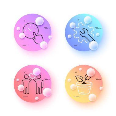 Gümrük, Yaprak ve Zaman Yönetimi asgari çizgi simgeleri. 3 boyutlu küreler ya da top düğmeleri. Arkadaş çift ikonu. İnternet, uygulama, baskı için. Ayarlar, bitki yetiştirme, ofis saati. Arkadaşlık. Vektör