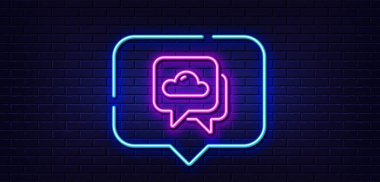 Neon ışığı konuşma balonu. Hava durumu tahmin çizgisi simgesi. Bulut işareti. Bulutlu gökyüzü sembolü. Neon ışıklı arka plan. Hava tahmini parıltı hattı. Tuğla duvar afişi. Vektör