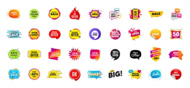 İndirimli etiket pankartları. Fiyat indirimi etiketleri. Kara Cuma özel teklif etiketleri. İndirimli balon kuponu. Promosyon indirimli afiş şablonları tasarımı. Promosyon teklif etiketi. Flaşlı rozetler. Vektör