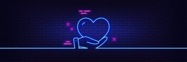 Neon ışık efekti. Gönüllü bakım hattı ikonu. El işaretine yardım ediyorum. Bağış sembolü. 3D çizgi neon ışıklı ikon. Tuğla duvar afişi. Gönüllü özeti. Vektör