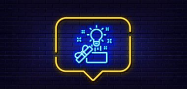 Neon ışığı konuşma balonu. Kutu çizgisi simgesinden. Yaratıcılık işareti. Fikir sembollü hediye kutusu. Neon ışıklı arka plan. Yaratıcı fikir ışıltısı çizgisi. Tuğla duvar afişi. Vektör