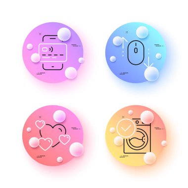 Aşağı in, çamaşır makinesi ve kart simgeleri asgari düzeyde. 3 boyutlu küreler ya da top düğmeleri. Kalp simgeleri. İnternet, uygulama, baskı için. Fare soyma, çamaşırhane, mobil ödeme. Aşk derecesi. Vektör