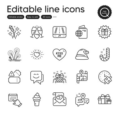 Tatil ana hatları simgeleri kümesi. Gülen surat, sürpriz hediye ve dondurma öğeleri gibi ikonlar içerir. Düğün gözlüğü, etkinlik tıkırtısı, aşk mektupları. Noel Baba şapkası, bulmaca zamanı, şeker elementleri. Vektör