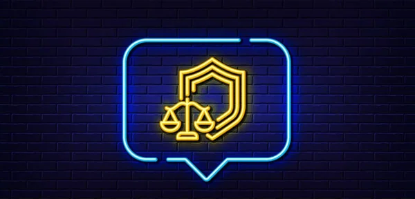 Neonlicht Sprechblase Gerechtigkeitsskala Linie Symbol Urteilsmaßstabszeichen Rechtsschutzsymbol Hintergrund Neonlicht Gerechtigkeitswaage — Stockvektor