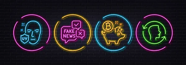 Fake News Protection Bitcoin Coin Minimal Line Icons Neon Laser — Vetor de Stock