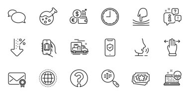 Web uygulaması için soru işareti, bagaj uygulaması ve Globe satırı simgelerinin ana hatları. Konuşma, bilgi, teslimat kamyonu taslak ikonu. Zaman, sadakat noktaları, kimya laboratuarı ikonları dahil. Vektör