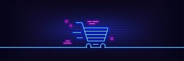 Neon ışık efekti. Servis hattı simgesi. Alışveriş arabası tabelası. Ekspres internet alımı. Süpermarket sepeti sembolü. 3D çizgi neon ışıklı ikon. Tuğla duvar afişi. Teslimat alışveriş taslağı. Vektör
