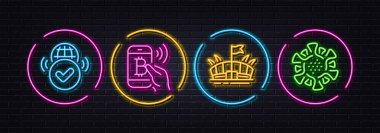 Onaylanmış internet, Arena ve Bitcoin çok az çizgi simgesi ödüyor. Neon lazer 3D ışıklar. Coronavirüs simgeleri. İnternet, uygulama, baskı için. Onaylanmış internet, spor stadyumu, mobil ödeme. Vektör