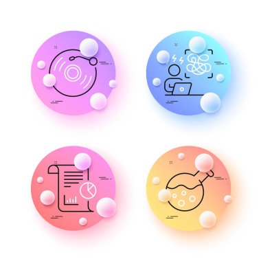 Kimya laboratuvarı, Rapor ve Vinil kayıt simgeleri minimum düzeyde. 3 boyutlu küreler ya da top düğmeleri. Zor stres simgeleri. İnternet, uygulama, baskı için. Laboratuvar, çalışma analizi, Retro müzik. Vektör