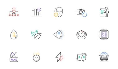 Job interview, Time and Organic product line icons for website, printing. Collection of Decreasing graph, Cpu processor, Restructuring icons. Electricity, Fake news, No alcohol web elements. Vector