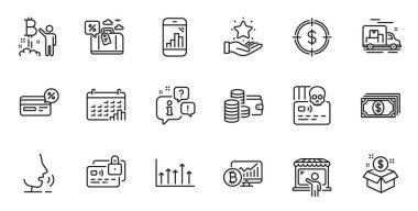 Outline set of Growth chart, Cyber attack and Wallet line icons for web application. Talk, information, delivery truck outline icon. Include Graph phone, Cashback, Card icons. Vector