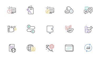 Calendar, Web system and Money transfer line icons for website, printing. Collection of Time management, Medical drugs, Vaccination passport icons. Chemistry lab, Blood donation. Vector