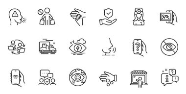 Outline set of Image album, Market seller and Volunteer line icons for web application. Talk, information, delivery truck outline icon. Include Security agency, Teamwork process, Stress icons. Vector