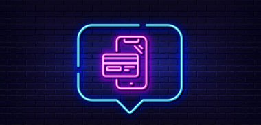 Neon light speech bubble. Online shopping line icon. Mobile buying sign. Credit card purchases symbol. Neon light background. Online shopping glow line. Brick wall banner. Vector