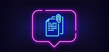 Neon light speech bubble. Document attachment line icon. File with paper clip sign. Office note symbol. Neon light background. Document attachment glow line. Brick wall banner. Vector