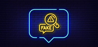Neon light speech bubble. Fake news line icon. Propaganda conspiracy sign. Check wrong truth symbol. Neon light background. Fake news glow line. Brick wall banner. Vector