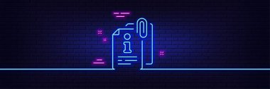 Neon light glow effect. Attached info line icon. Information guide sign. Attachment file symbol. 3d line neon glow icon. Brick wall banner. Attached info outline. Vector
