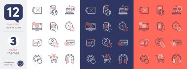 Set of 24h service, Timer and Payment method line icons. Include Remove, User, Headphones icons. Click hand, Cross sell, Settings web elements. Locked app, Translation service, Cyber attack. Vector