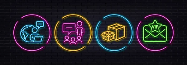 People Chatting Packing Boxes Outsource Work Minimal Line Icons Neon — Archivo Imágenes Vectoriales
