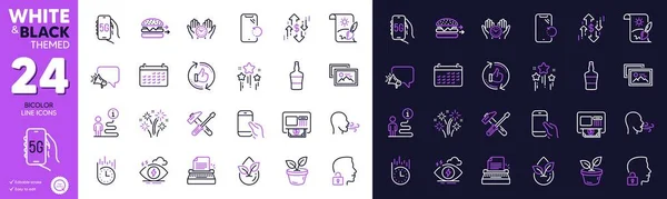 stock vector Support, Hold smartphone and Creative painting line icons for website, printing. Collection of Typewriter, Organic product, Smartphone recovery icons. Megaphone, Leaves. Bicolor outline icon. Vector