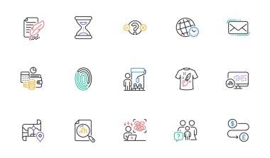 Difficult stress, Map and Feather signature line icons for website, printing. Collection of Money transfer, Budget accounting, T-shirt design icons. Analytics graph, Time zone. Vector